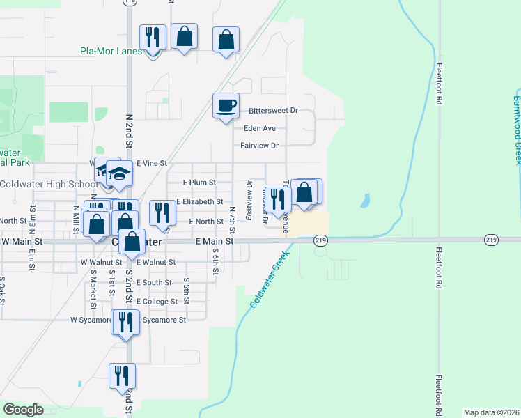 map of restaurants, bars, coffee shops, grocery stores, and more near 211 Eastview Drive in Coldwater