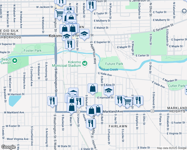 map of restaurants, bars, coffee shops, grocery stores, and more near 501-551 South Apperson Way in Kokomo