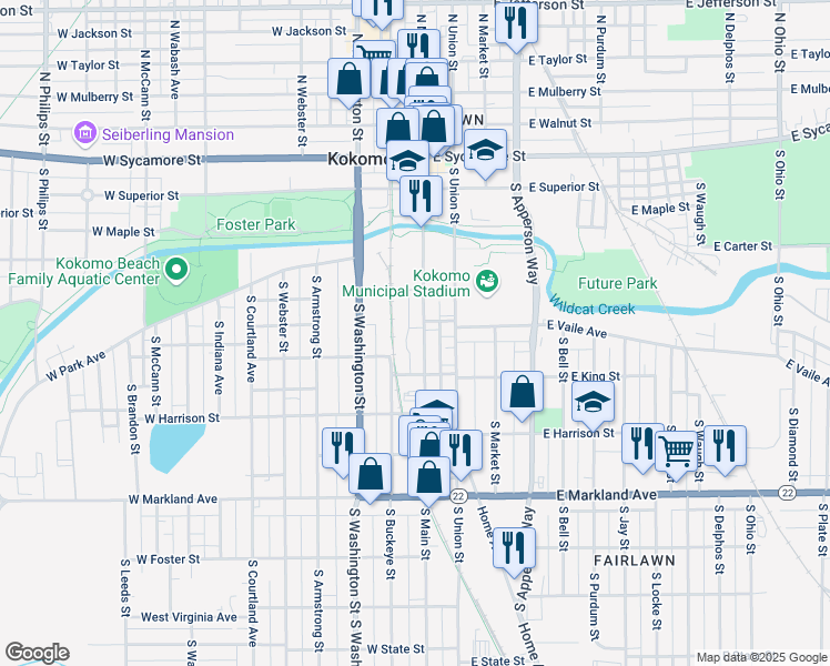 map of restaurants, bars, coffee shops, grocery stores, and more near 507 South Main Street in Kokomo