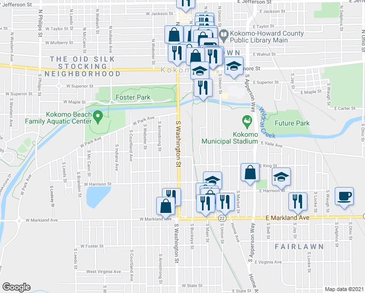 map of restaurants, bars, coffee shops, grocery stores, and more near 507 South Washington Street in Kokomo