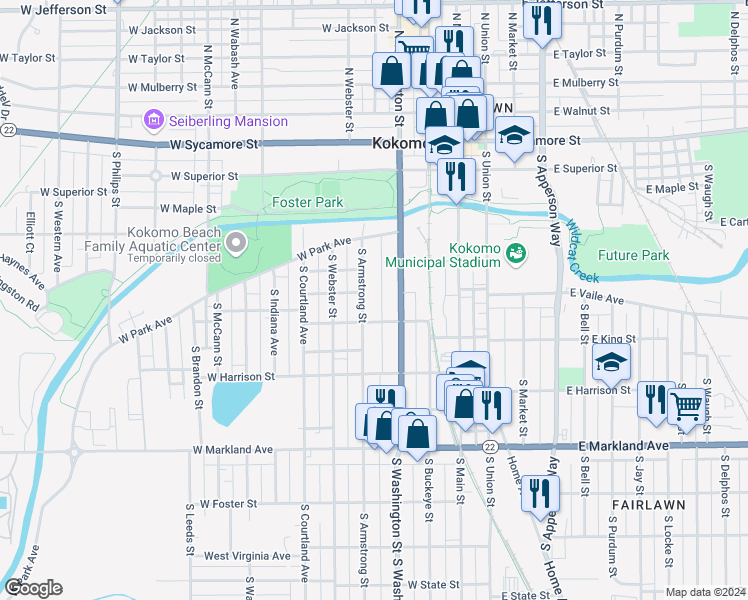 map of restaurants, bars, coffee shops, grocery stores, and more near 507 South Washington Street in Kokomo