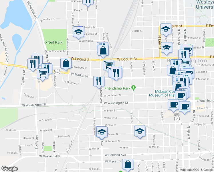 map of restaurants, bars, coffee shops, grocery stores, and more near 1008 West Market Street in Bloomington