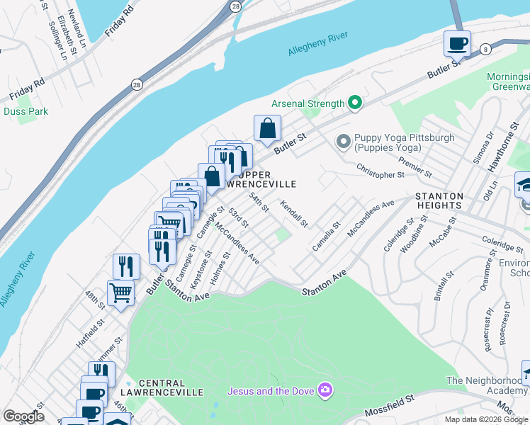 map of restaurants, bars, coffee shops, grocery stores, and more near 5400 Natrona Way in Pittsburgh