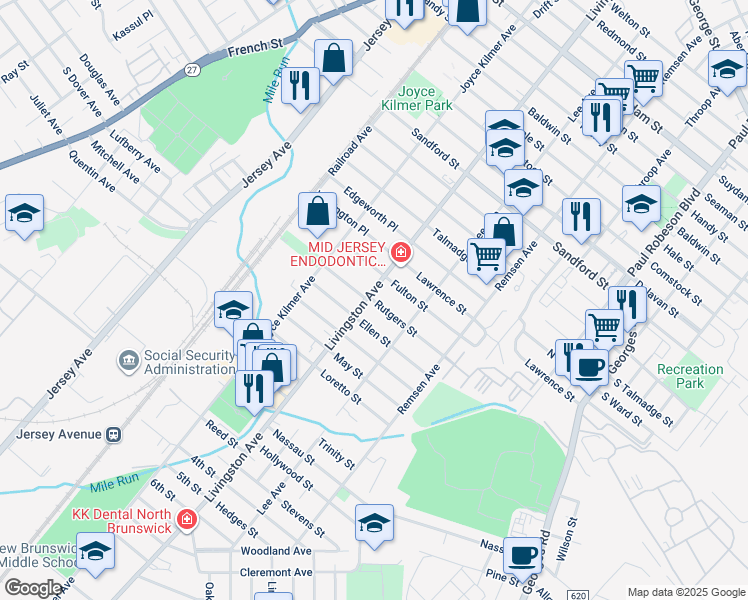 map of restaurants, bars, coffee shops, grocery stores, and more near 202 Rutgers Street in New Brunswick
