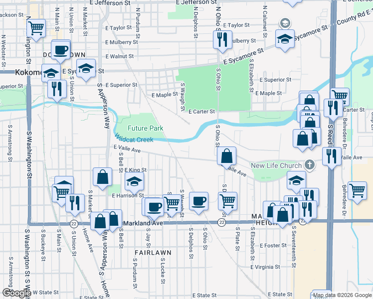 map of restaurants, bars, coffee shops, grocery stores, and more near 500 South Crystal Street in Kokomo