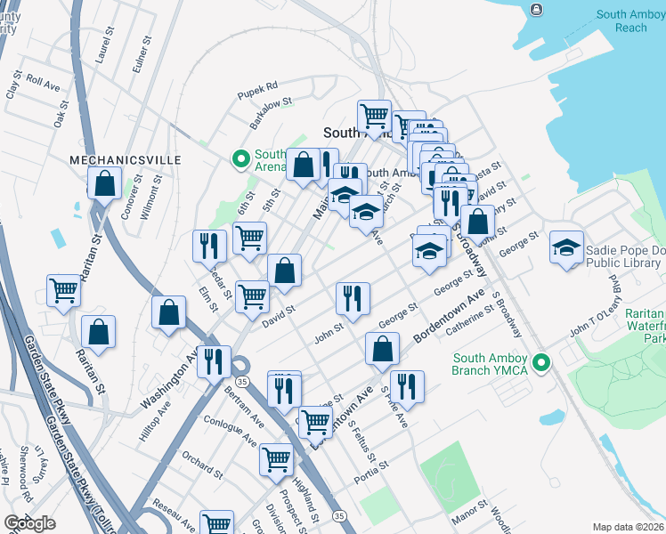 map of restaurants, bars, coffee shops, grocery stores, and more near 355 Augusta Street in South Amboy