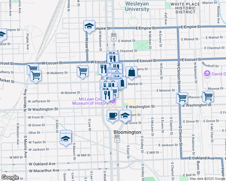 map of restaurants, bars, coffee shops, grocery stores, and more near 419 North Main Street in Bloomington