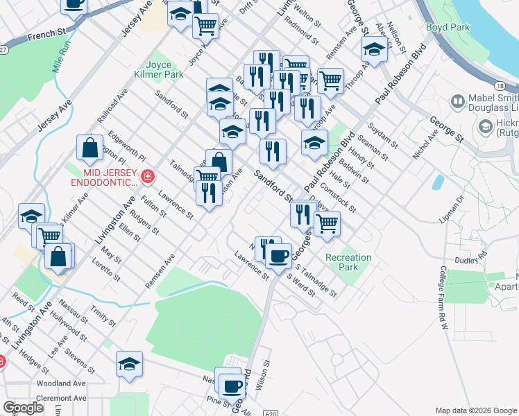 map of restaurants, bars, coffee shops, grocery stores, and more near 120 Sandford Street in New Brunswick