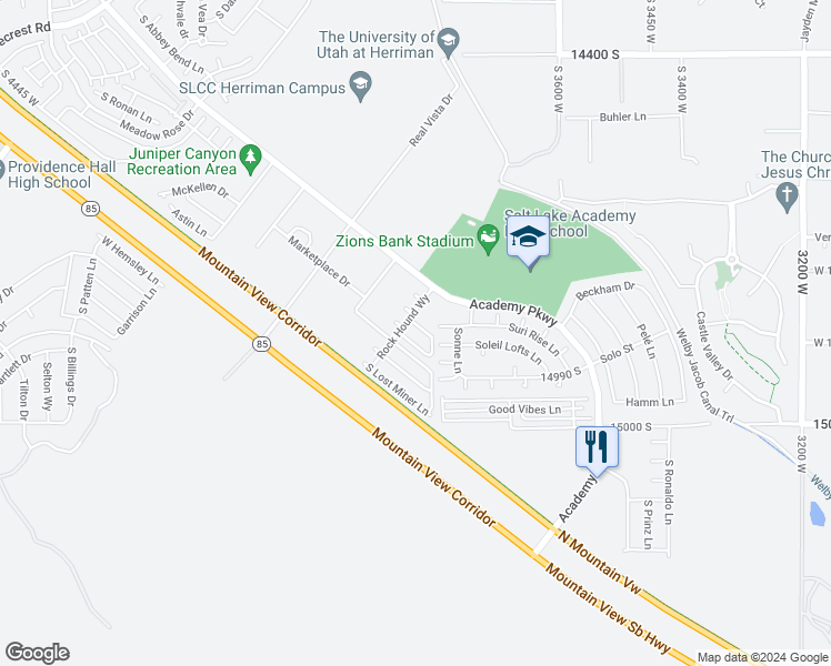 map of restaurants, bars, coffee shops, grocery stores, and more near 14821 Breccia Court in Herriman