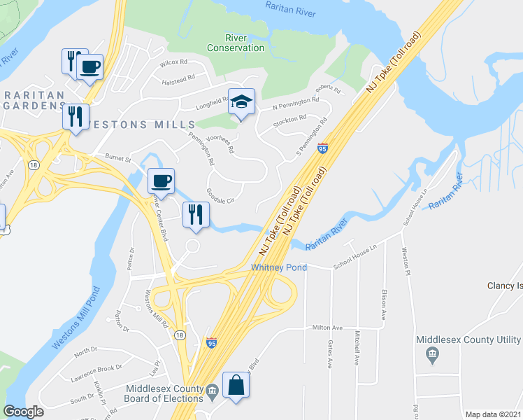 map of restaurants, bars, coffee shops, grocery stores, and more near 97 South Pennington Road in New Brunswick