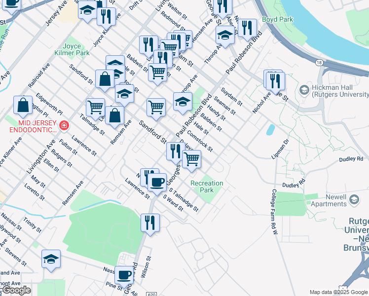 map of restaurants, bars, coffee shops, grocery stores, and more near 232 Commercial Avenue in New Brunswick