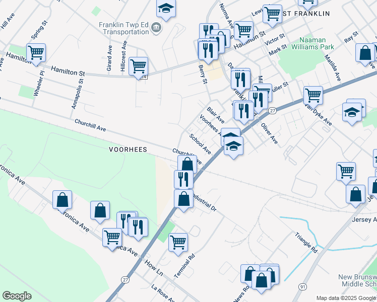 map of restaurants, bars, coffee shops, grocery stores, and more near 20 Gurley Street in Franklin Township