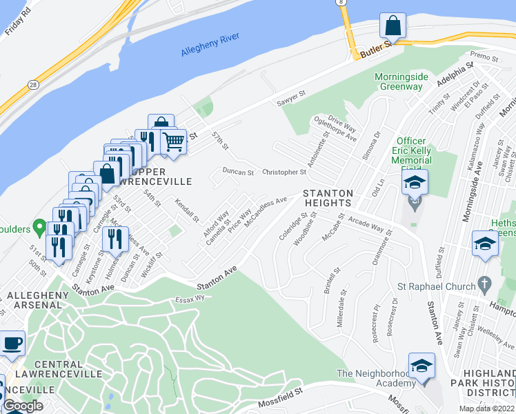 map of restaurants, bars, coffee shops, grocery stores, and more near 5701 McCandless Avenue in Pittsburgh