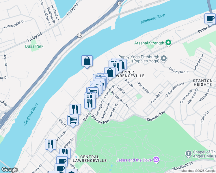map of restaurants, bars, coffee shops, grocery stores, and more near in Pittsburgh