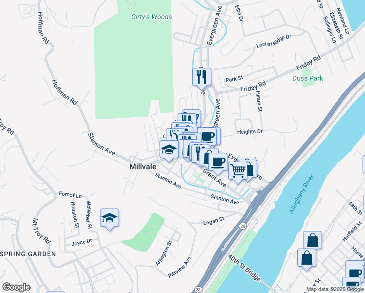 map of restaurants, bars, coffee shops, grocery stores, and more near 223 Sample Street in Pittsburgh