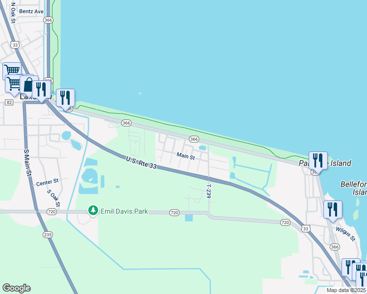 map of restaurants, bars, coffee shops, grocery stores, and more near 10813-10897 Ohio 366 in Lakeview