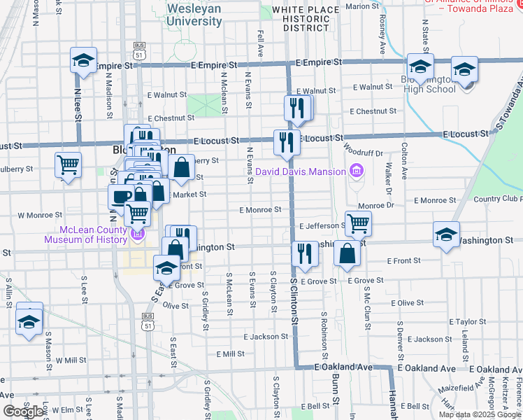 map of restaurants, bars, coffee shops, grocery stores, and more near 611 East Market Street in Bloomington