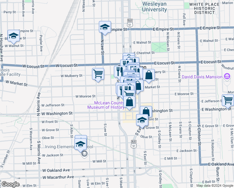 map of restaurants, bars, coffee shops, grocery stores, and more near 409 North Roosevelt Avenue in Bloomington