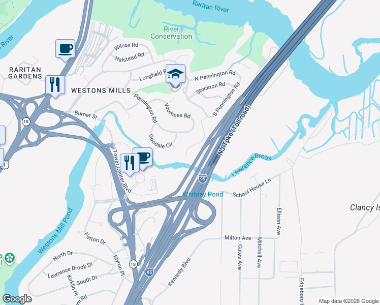 map of restaurants, bars, coffee shops, grocery stores, and more near 97 South Pennington Road in New Brunswick