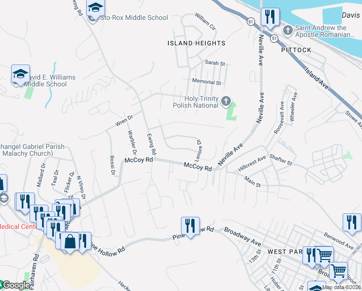 map of restaurants, bars, coffee shops, grocery stores, and more near 226 Lenore Drive in McKees Rocks