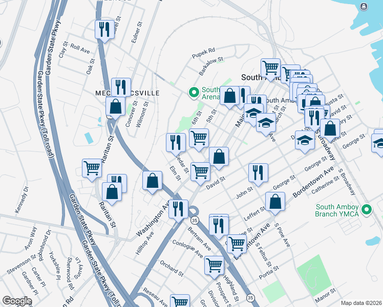 map of restaurants, bars, coffee shops, grocery stores, and more near 307 Walnut Street in South Amboy