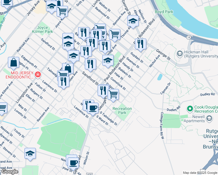 map of restaurants, bars, coffee shops, grocery stores, and more near 232 Commercial Avenue in New Brunswick