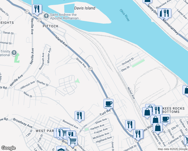 map of restaurants, bars, coffee shops, grocery stores, and more near 1317 Island Avenue in McKees Rocks
