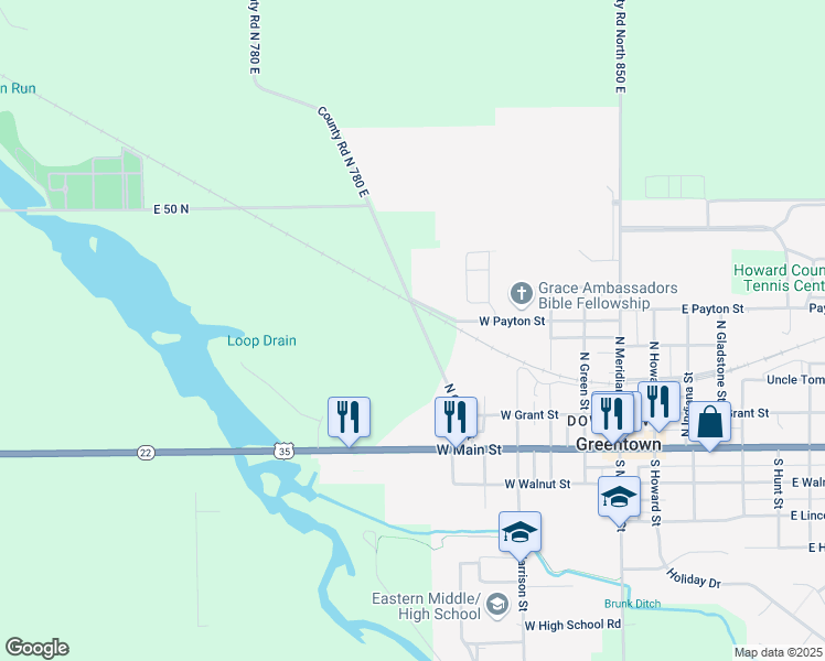 map of restaurants, bars, coffee shops, grocery stores, and more near 629-753 West Payton Street in Greentown
