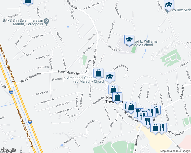 map of restaurants, bars, coffee shops, grocery stores, and more near 1000 Dorothy Street in Coraopolis