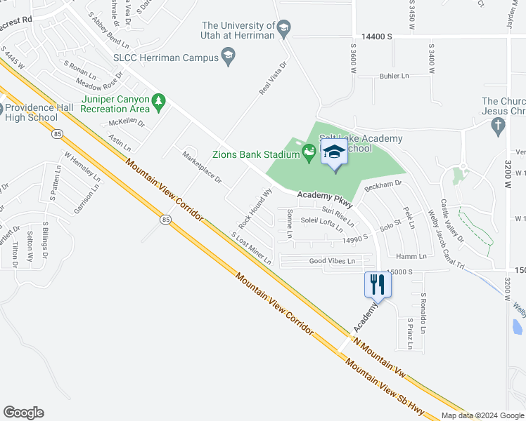 map of restaurants, bars, coffee shops, grocery stores, and more near 14821 Breccia Court in Herriman
