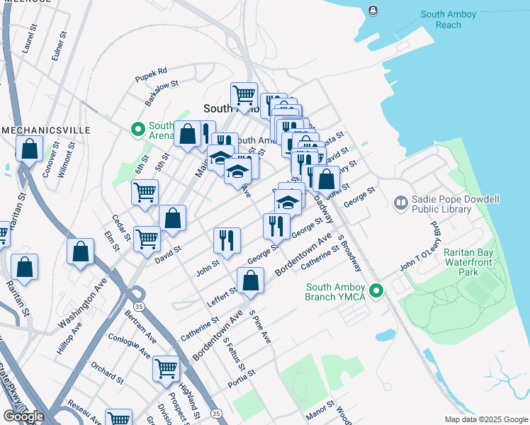 map of restaurants, bars, coffee shops, grocery stores, and more near 101 North Stevens Avenue in South Amboy