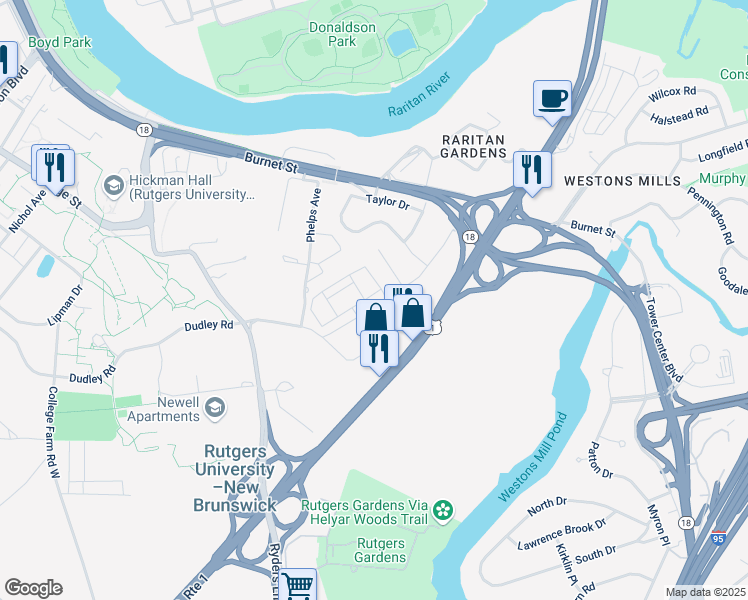 map of restaurants, bars, coffee shops, grocery stores, and more near 4 Cotter Drive in New Brunswick