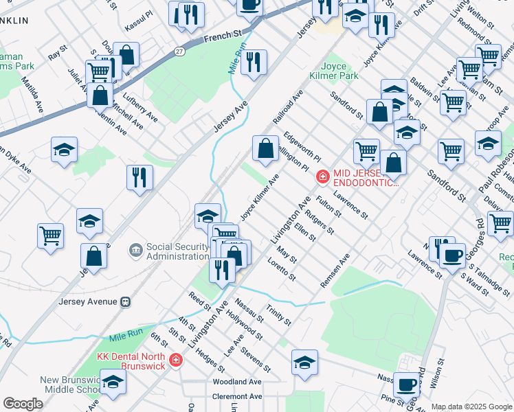 map of restaurants, bars, coffee shops, grocery stores, and more near 22 Rutgers Street in New Brunswick
