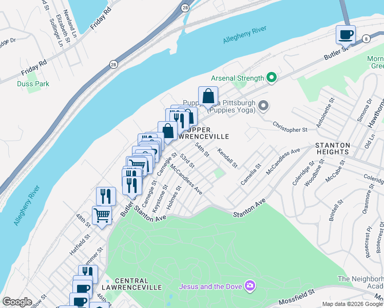 map of restaurants, bars, coffee shops, grocery stores, and more near 5400 Natrona Way in Pittsburgh