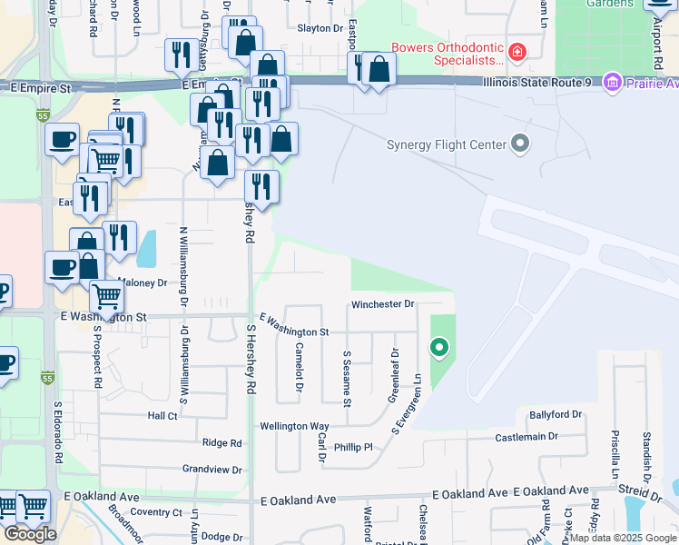 map of restaurants, bars, coffee shops, grocery stores, and more near 10 Heartland Drive in Bloomington