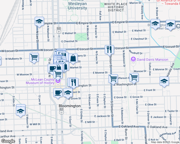 map of restaurants, bars, coffee shops, grocery stores, and more near 411 East Market Street in Bloomington
