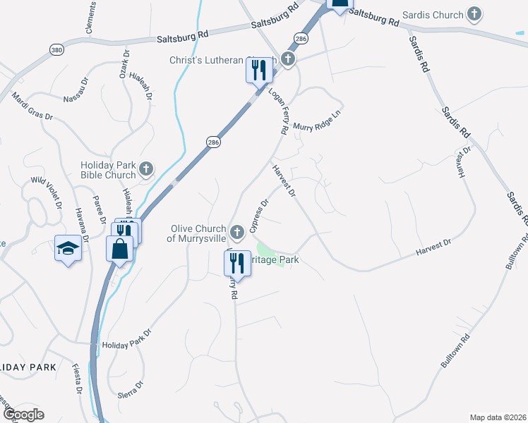 map of restaurants, bars, coffee shops, grocery stores, and more near 5109 Cypress Drive in Murrysville