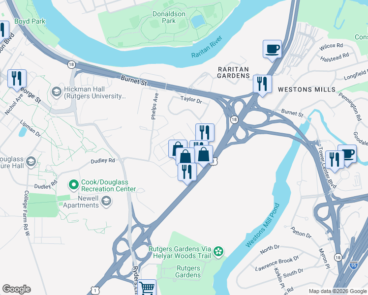map of restaurants, bars, coffee shops, grocery stores, and more near 4 Cotter Drive in New Brunswick