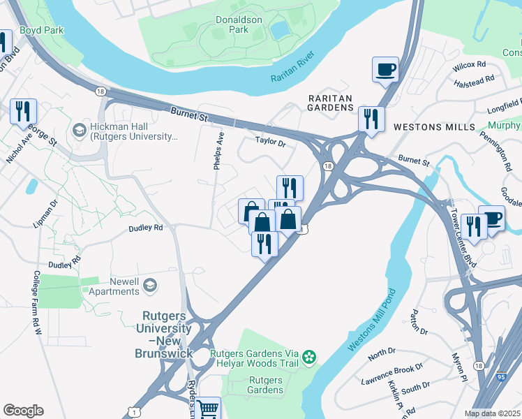 map of restaurants, bars, coffee shops, grocery stores, and more near 4 Cotter Drive in New Brunswick