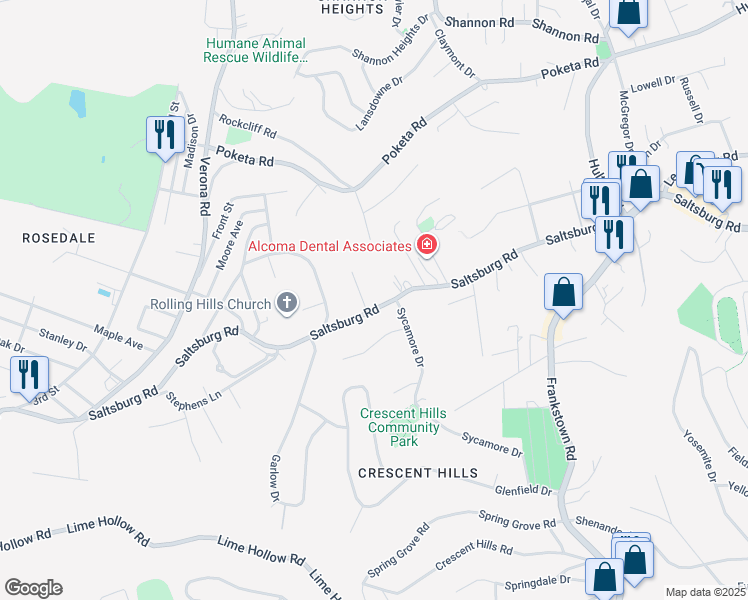 map of restaurants, bars, coffee shops, grocery stores, and more near 5721 Saltsburg Road in Verona