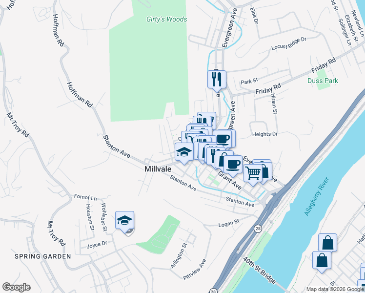 map of restaurants, bars, coffee shops, grocery stores, and more near 223 Sample Street in Pittsburgh
