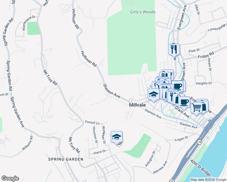 map of restaurants, bars, coffee shops, grocery stores, and more near 876 Stanton Avenue in Pittsburgh