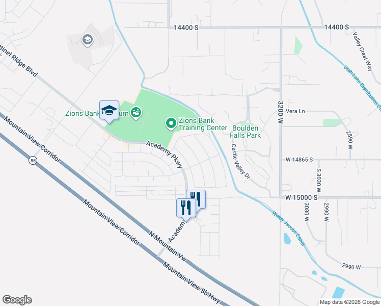 map of restaurants, bars, coffee shops, grocery stores, and more near 14838 Messi Street in Herriman