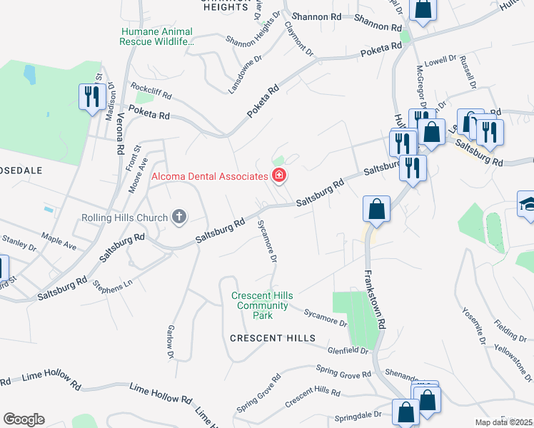 map of restaurants, bars, coffee shops, grocery stores, and more near 190 Sycamore Drive in Pittsburgh