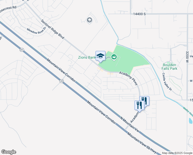 map of restaurants, bars, coffee shops, grocery stores, and more near 14821 Breccia Court in Herriman