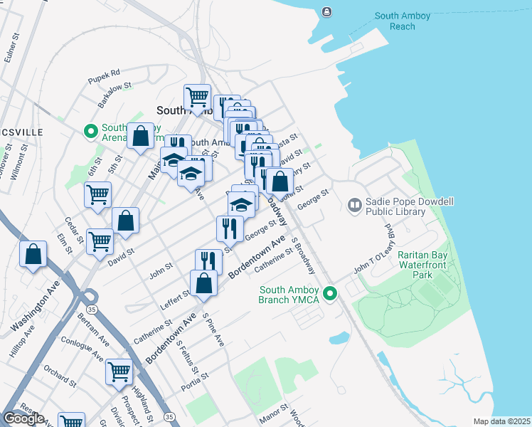 map of restaurants, bars, coffee shops, grocery stores, and more near 213 John Street in South Amboy