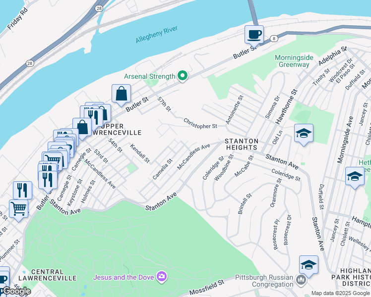 map of restaurants, bars, coffee shops, grocery stores, and more near 5571 Camelia Street in Pittsburgh
