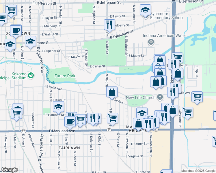 map of restaurants, bars, coffee shops, grocery stores, and more near 524 South Ohio Street in Kokomo