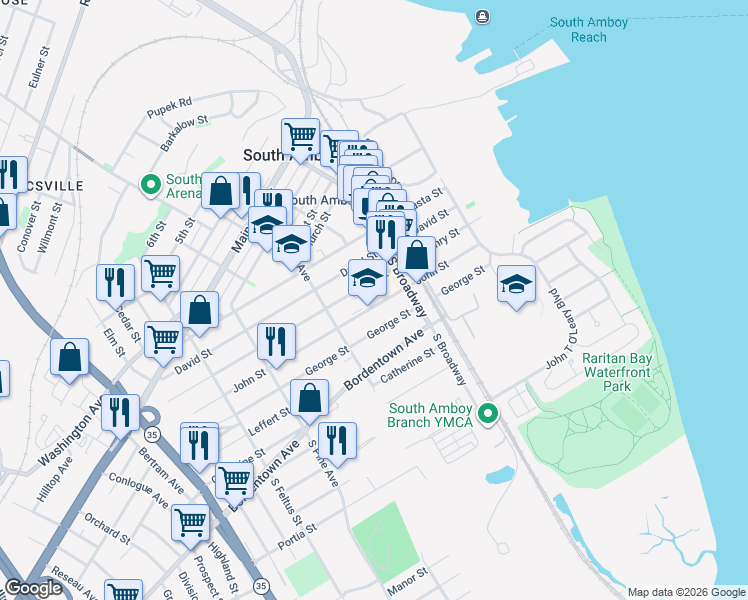 map of restaurants, bars, coffee shops, grocery stores, and more near 214 John Street in South Amboy
