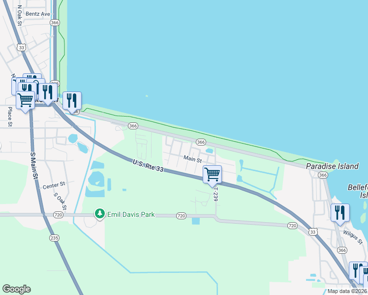 map of restaurants, bars, coffee shops, grocery stores, and more near 10813-10897 Ohio 366 in Lakeview
